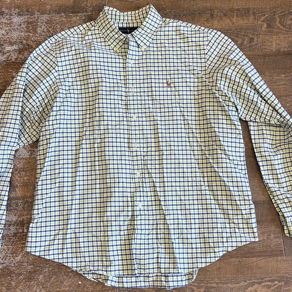 Ralph Lauren Mens XXL Gingham Button Down Shirt Green Navy Blue Long Sleeve